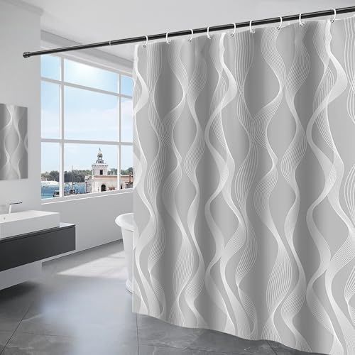 KAIMEIYU Duschvorhang Waschbar Textil Polyester Stoff Bad Vorhang mit 12 Ringen Wasserdicht für Dusche und Badewanne 240 x 200 cm Grau