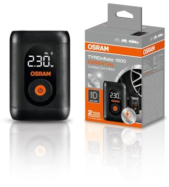 OSRAM TYREinflate 1600 ESSENTIAL, kabelloser wiederaufladbarer digitaler Reifenkompressor, Reifenfüllung in 6 Minuten, Flexibler 20 cm Schlauch