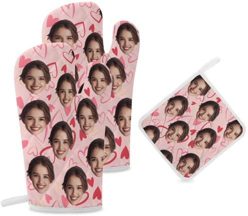 JJ GRADGOWN Personalised Oven Mitts and Pot Holders Set, Personalised Image Design, Heat-Resistant for Oven, BBQ & Baking, Suitable for Home Cooks & Baking Enthusiasts (Style - Funny Faces)