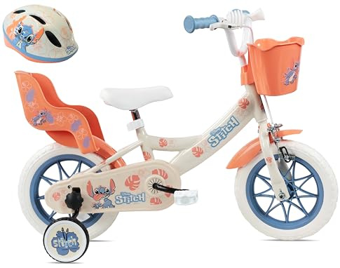 Vélo Enfant 12' Stitch de Disney avec Casque Stitch Inclus équipé de 1 Frein, Panier Avant, Porte poupée arrière, Garde boues, Carter et stabilisateurs, Beige