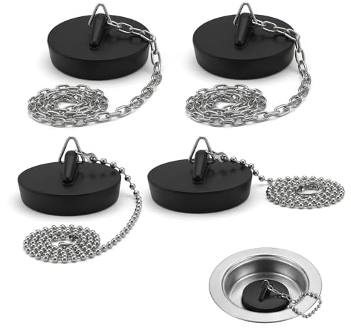 BLPRKOT 4 Piezas Tapones de desagüe Tapones de Fregadero con 40cm Cadena Tapón para bañera Tapón para Lavabo Tapón de Goma para lavabos,bañeras y fregaderos de Cocina(Negro)(Ø40-45mm)