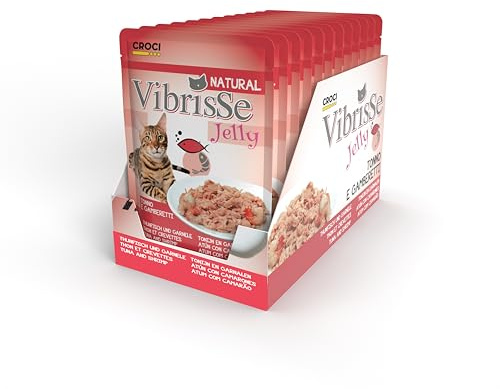 Croci Vibrisse Cibo umido in gelatina per gatti a base di Tonno e Gamberetti, alimento leggero e cotto al vapore, 18 buste da 70 g