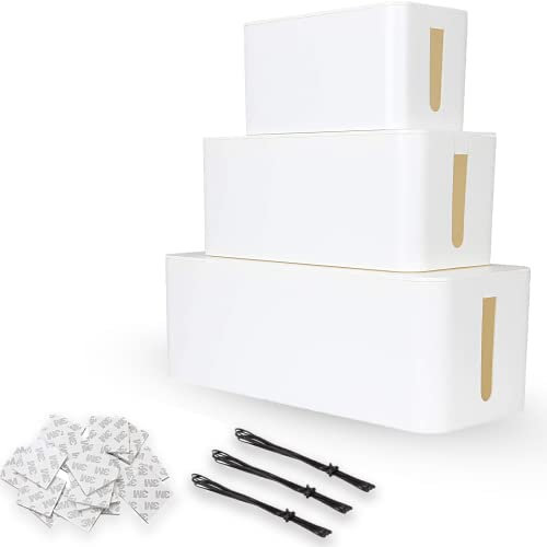 ASelected 3er-Set Kabelbox Große, Mittlere und Kleine Kabel Weiß Verstecken Box für Kabel, Kabel Organizer Box Weiß Kabel-Versteckbox mit 3 x 1m Kabelbindern und 20 x 3M Doppelseitigen Aufklebern