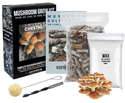 North Spore Organic Chestnut Outdoor Mushroom Log Growing Kit | Includes 100 ct. Bag of Plug Spawn | Complete Log Starter Kit with Instructions | Handmade in Maine, USA