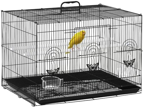 PawHut Jaula para Pájaros 60x41x41 cm Pajarera de Metal con Comederos 2 Perchas 3 Puertas y Asa de Transporte para Pájaros Pequeños Canarios Cotorras Negro