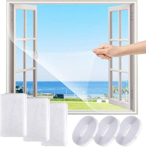 FLYZZZ 3 Pack Fliegengitter für Bodentiefe Fenster，Weiß Fliegengitter Balkontür Selbstklebend，130X150cm Insektenschutz Fenster ohne Bohren (weiß, 130X150cm 3 Packung)