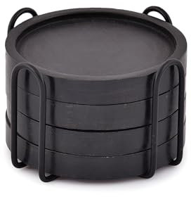 Indus Lifespace Wooden Coasters for Drinks Coffee Table, Round Drink Coasters with Holder for Tabletop Protection, Set of 4 (10.16cm x 10.16cmx 1.27cm) (Black)