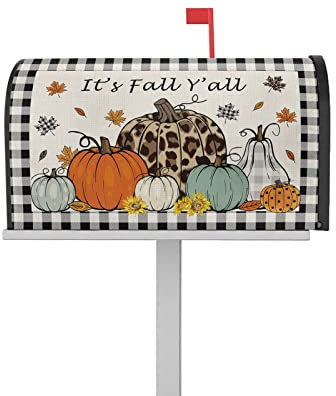 Fall Magnetische Briefkastenabdeckung, Standard, 47 x 55,1 cm, Thanksgivng It's Fall Y'all Leopard Aquarell Kürbis Schwarz kariert Bordüre Briefkastenabdeckung Briefkastenabdeckung für Garten Hof