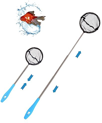 Epuisette Aquarium avec Manche Télescopique en Acier Inoxydable, Épuisette Aquarium pour Attraper Les Petits Poissons et Crevettes et Nettoyer L'aquarium, Extensible 31-61cm, Bleu