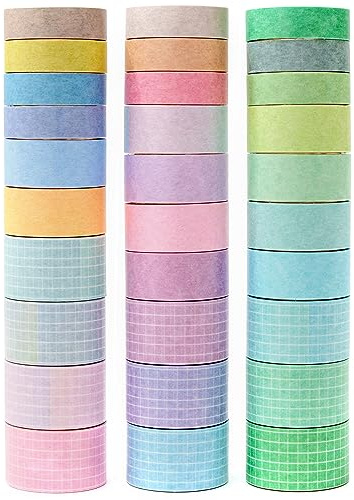 MAGLITT Washi Tape Set 30 Rouleaux Masking Tape Ruban adhesif decoratif pour Scrapbooking Artisanat de Bricolage (Solid Colors & Grid)