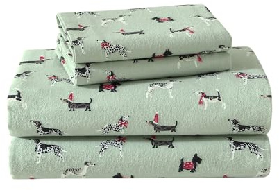 Laura Ashley - Queen Sheet Set, Cotton Flannel Bedding, Brushed for Extra Softness & Comfort (Holiday Pups Green, Queen)