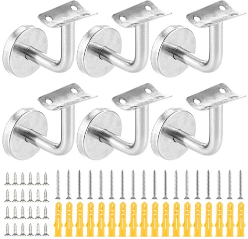 VIDETOL 6 soportes para pasamanos de acero inoxidable, 60 x 60 mm, soporte de pared, soporte para pasamanos con roseta, soporte de pasamanos plateado para pasillos, escaleras y baños