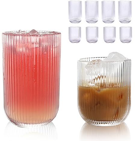 WeirdUncle Set of 8 Ribbed Glassware,4 Highball Glasses 14oz & 4 Rocks Drinking Glasses 9oz, Clear, Origami Style, Fluted Design, for Milk, Water, Cocktail, Juice, Beer, ToothBrush Cup, Gift