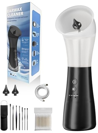 Kit de eliminación de cera eléctrica con depósito de residuos integrado, limpiador de oídos de agua seguro con sensor de temperatura, 4 modos de presión para diferentes niveles de cerumen, limpieza