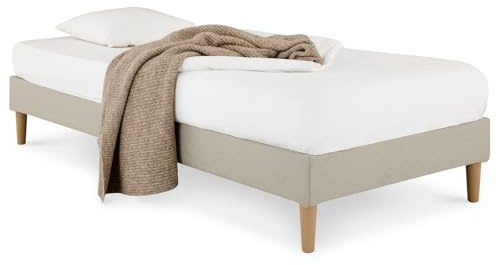IDIMEX Sommier tapissier PAIMPOL 90 x 190 cm Structure en Bois et revêtement en Tissu Beige, Cadre de lit avec Pieds et sommier à Lattes pour 1 Personne