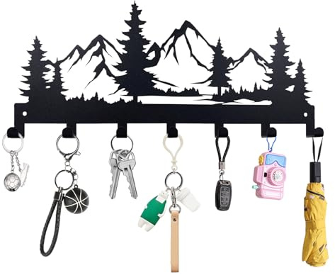 AKINSTER Schlüsselbrett, Metall Schlüsselhalter für Die Wand Schlüsselhaken Schlüsselaufhänger Schwarz Key Holder mit 7 Haken für Flur Eingang Haustür Schlafzimmer Küche Büro