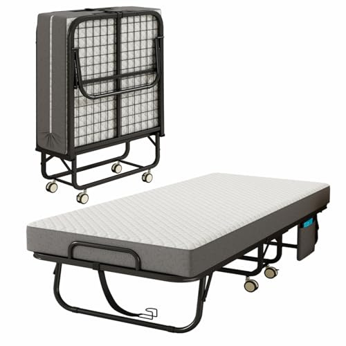 VKXK Folding Bed with Mattress for Adults, 75 x 31Portable Cot-Size Rollaway Bed, Metal Frame Foldable Guest Bed with Memory Foam Mattress,Deluxe Single Beds with Side Storage Pocke