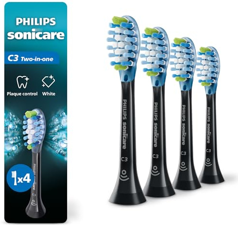 Philips Sonicare C3 Two-in-One - Genuine Replacement Electric Toothbrush Heads, Black, 4 Pack One Year Supply, HX9044/95