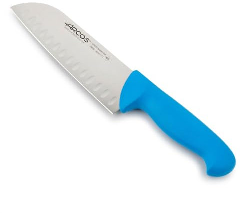 Arcos Couteau Santoku Alvéolé 18 cm - Acier Inoxydable NITRUM - Idéal Viande, Poisson, Légumes - Manche Polypropylène Bleu - Série 2900
