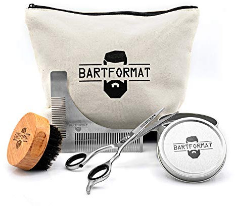 BARTFORMAT 4-teiliges Bartpflege-Set SCHNITTWUNDER - inklusive XL-Bartschere + Rasurschablone + Bart-Bürste + Kulturbeutel - Hochwertiges Set für die tägliche Bartpflege - Präsent für Männer