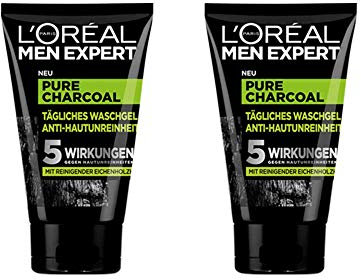 L'Oréal Men Expert, Pure Charcoal - Gel de lavado para la piel de los hombres con impurezas (granos, puntos negros, piel grasa y grasa) (2 x 100 ml)