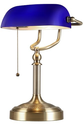 Newray Lampada da scrivania da banchiere in vetro blu con interruttore a catena per apparecchio per ufficio domestico, biblioteca