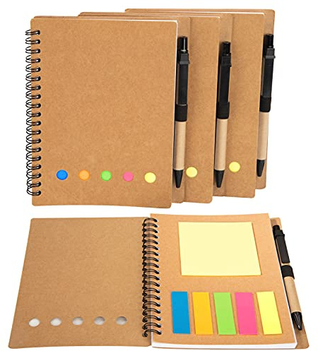 Blocco Spiralato Kraft Carta Copertina Bloc Notes Quaderno a Spirale Spiralato Notebook con Penna, Note Adesive, Colorati Segnapagina Film per Scuola e Ufficio 4 Pezzi