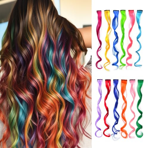 12 Pcs Colored Hair Extensions Clip 22 Inch Colorful Straight Extensions Hair in Hair Extensions for Women Party Highlights Accessories (Colorful Set Curly Wavy)