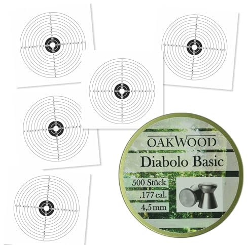 OAKWOOD Set 50 Zielscheiben 14x14cm + 500 Diabolos 4,5mm Spitzkopf oder Flachkopf nach Wahl mit Kugelfang Trichter Verschiedene Varianten für Luftgewehr und Luftpistole (ZS. Ring + Diabol. Basic)