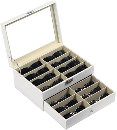 AUTOARK Organizador de cuero para 16 piezas para gafas y gafas de sol,Organizador con cerradura,Blanco,AW-151
