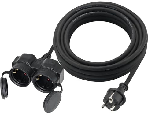 Verlängerungskabel Outdoor 3m mit 2 Schuko-Steckdosen, Gummi Doppel-Verlängerung Stromkabel für den Außenbereich IP44, 2 Schutzkontakt Buchsen mit Schutzkappe, 2-Fach Verteiler außen, 3500W, Schwarz