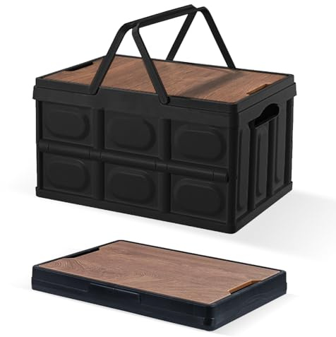 2 PCS Collapsible Storage Bins Box with Lids and Handle, 30L 8Gal Portable Storage Crate Containers Totes, Instacrate Stackable Foldable Camping Basket Supplies for Fishing Car RV, Office (Black)