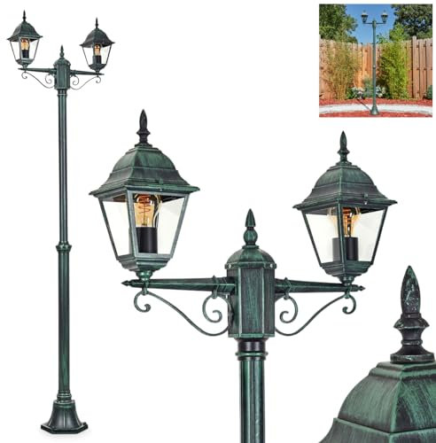 Außenwegeleuchte Hongkong, Wegeleuchte aus Metall/Glas in Schwarz-Grün/Klar, Kandelaber in antikem Look, Höhe max. 220 cm, Gartenbeleuchtung IP44, 2 x E27, ohne Leuchtmittel