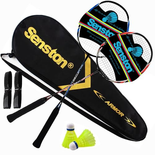 Senston Graphit Badminton Set Leichtgewicht Profi Badmintonschläger mit 2 Federbälle und 2 Griffband für Training, Sport und Unterhaltung