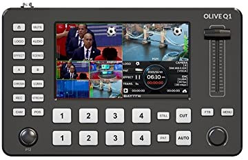caja audio-vídeo del conmutador, Q1 Conmutador de video de 4 canales y 5 pulgadas Pantalla Full HD Conmutador en vivo Push Streaming/Grabación de transmisión en vivo para PC, TV, proyector, reproducto