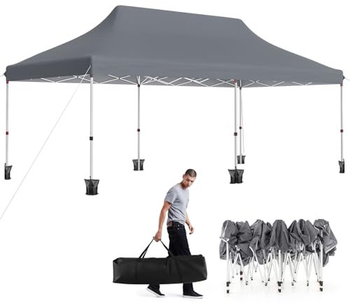 GOPLUS 3x6M Tonnelle Jardin Pliable, Hauteur Réglable, Entrées Zippées, Fenêtres, Sac de Transport, Sac Lesté Pavillon Portable Instantanée Pop-Up pour Fête,Mariage(3x6M-Pliable,Gris-sans Bâche)