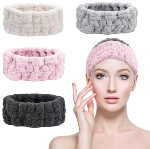 KEYRI 4 Pezzi Fascia Capelli Donna Trucco, Fascia per Viso Spa Fascia Elastico Morbido Flanella Testa Avvolge Capelli Skincare per Ragazze Viso Doccia Sport Cura Della Pelle (Nero+Bianco+Rosa+Grigio)