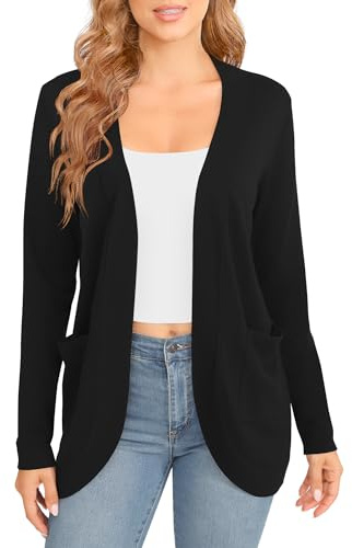 EXCHIC Donna Elegante Leggero Maniche Lunghe Cardigan Orlo Curvo Fronte Aperto Lunghi Maglioni con Tasche(XL, Nero)