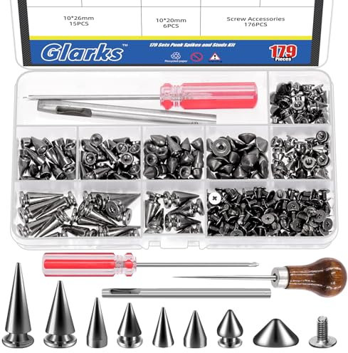 Glarks 355 pièces pistolet goujons et goujons Kit, 7 tailles de goujons coniques en alliage de zinc et rivets à vis, goujons clous en cuir métallique Tree avec poinçon de tournevis à cône rayé