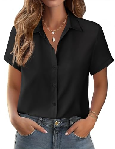 Zeagoo Donna Camicie Maniche Corte Camicetta Scollo a V Blusa Elegante Abbottonate Maglietta Casual Cotone Camicie Estiva Tinta Unita Classico Top Nero M