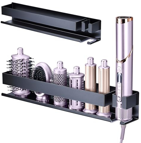 Soporte de Pared para Secador y Planchas, Soporte Pared Secador Pelo, Soporte Plancha Pelo, Organizador sin Taladrar para Planchas de Rizo, Cepillo de Aire y Accesorios de Maquillaje en baño (Plata)