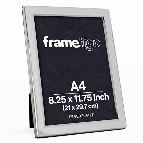 Frametigo - Silver Plated Flat Edge Photo Frame, A4/8.25x11.75” (21x29.7cm) | Landscape or Portrait Orientation, Velvet Frame Backing & Stand, Real Glass Window, Tarnish-Resistant
