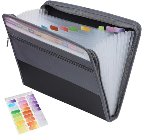 Cartella Portadocumenti A4 con 13 Tasche, Cartelle di File Espandibili Borse di File Fisarmonica Porta Documenti con Cerniera e Etichette per Ufficio Scuola e Viaggio (Nero)