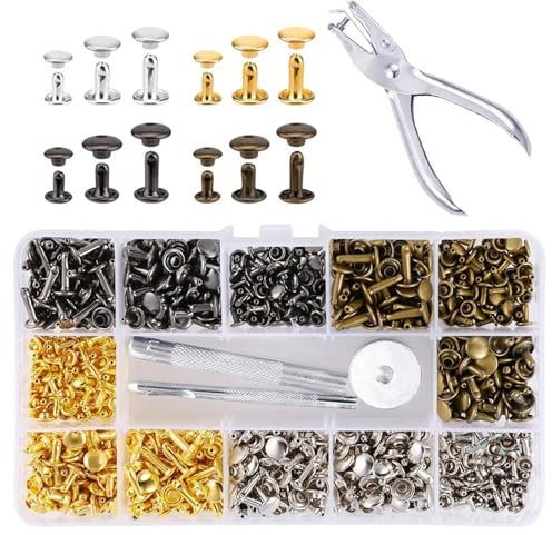 CATELL 180 Stück Leder Nieten Set, Nieten für Leder 4 Farben mit 4 Stück Fixierung Werkzeug 3 Größen Hohlnieten 12mm 8mm 6mm Ledernieten Doppelkappe für DIY Handwerk Reperatur Kleidung Dekoration