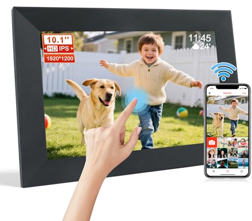 Frameo - Marco de fotos digital con WiFi de 10,1 pulgadas, 1920 x 1200 cm, pantalla táctil IPS, marco electrónico con 16 GB de memoria, compartir fotos instantáneamente a través de Frameo desde
