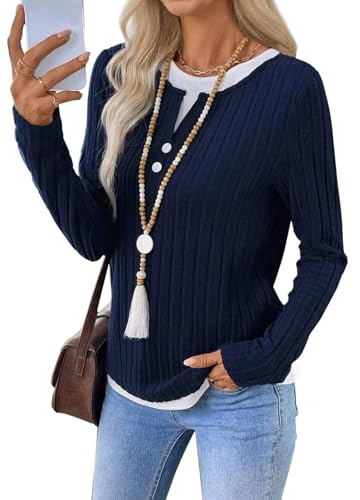 Gemulate Long Sleeve Henley Fake Two - Piece Top for Women - Perfect for Daily Outings Dark Blue M
