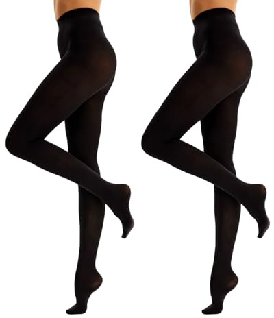 InfiniZer 2 Pairs 50 Denier Black Tights Women, Soft Stretch Opaque Tights, Control Top High Waisted Ladies Footed Pantyhose