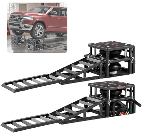 VEVOR Cric Pneumatico per Auto 2 pz Capacità di 5 t, Altezza di Sollevamento Massima 32 cm, Sollevatori Pneumatici con Sospensioni Pneumatiche, Cunei per Ruote, Rampe di Estensione e Colonne Rialzate