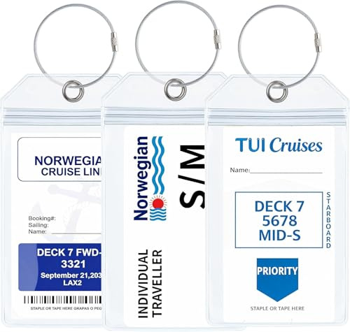 Acual 3 Etiqueta Equipaje Crucero 19x11cm Impermeable Transpar. Universal | 3 Etiquetas Transparentes Impermeables para Crucero con Anillas Resistentes, Ideales para Tarjetas de Embarque y Maletas.