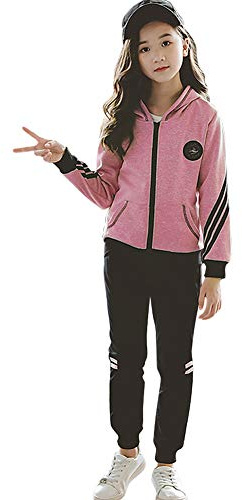 YFPICO Mädchen Trainingsanzug Sportanzug Jogginganzug 3 Teilig Einfarbig Freizeitanzug Kapuzenpullover Sport Jogging Anzug Reißverschluss, Rosa（2 Stücke）, 146